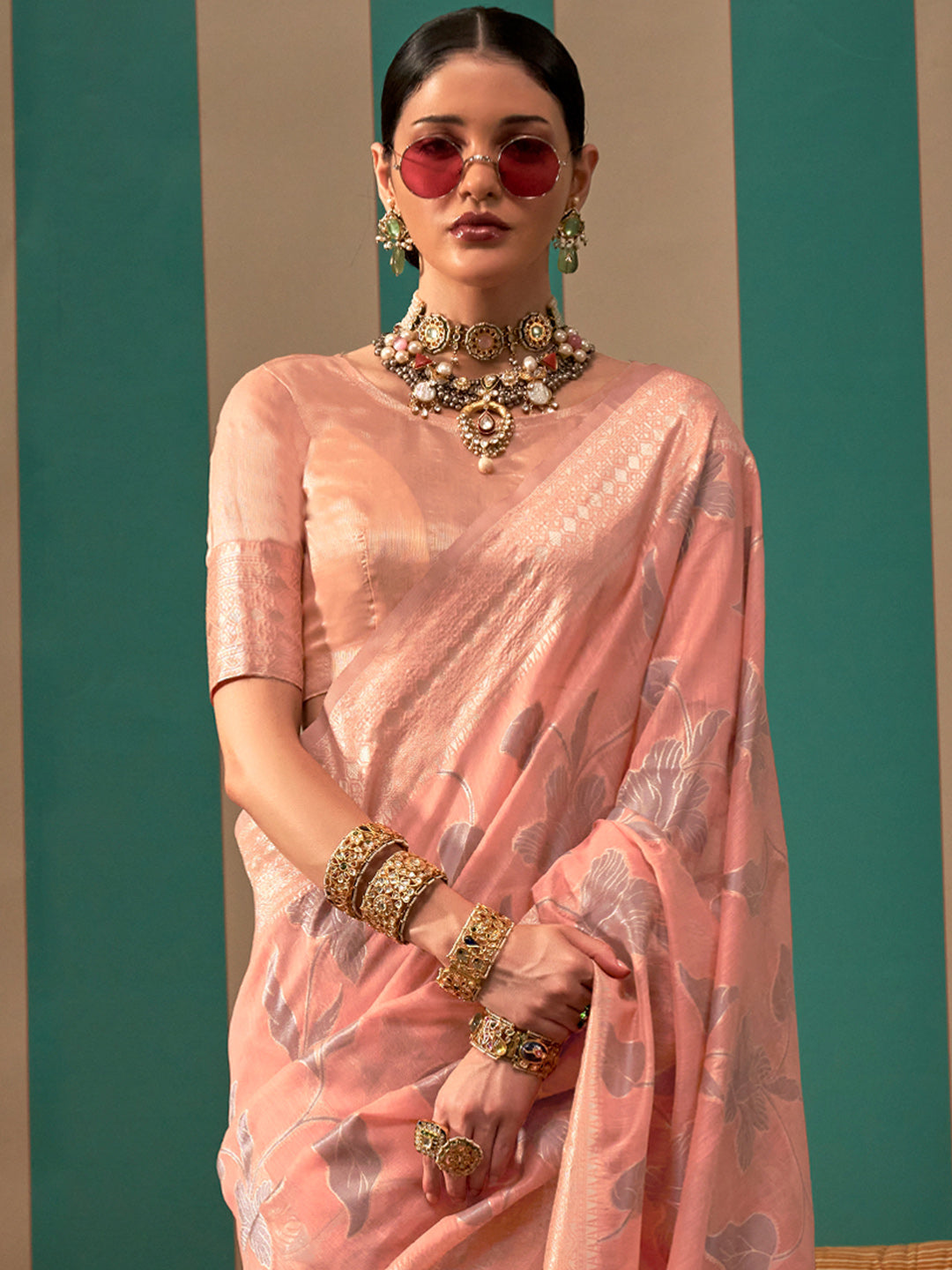 Women's Linen Peach Woven Design Designer Saree With Blouse Piece