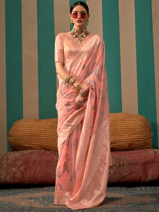 Women's Linen Peach Woven Design Designer Saree With Blouse Piece