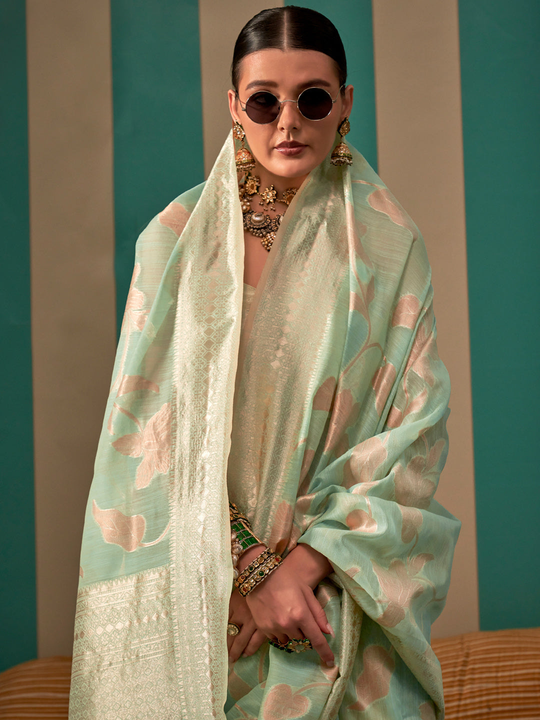 Women's Linen Sea Green Woven Design Designer Saree With Blouse Piece