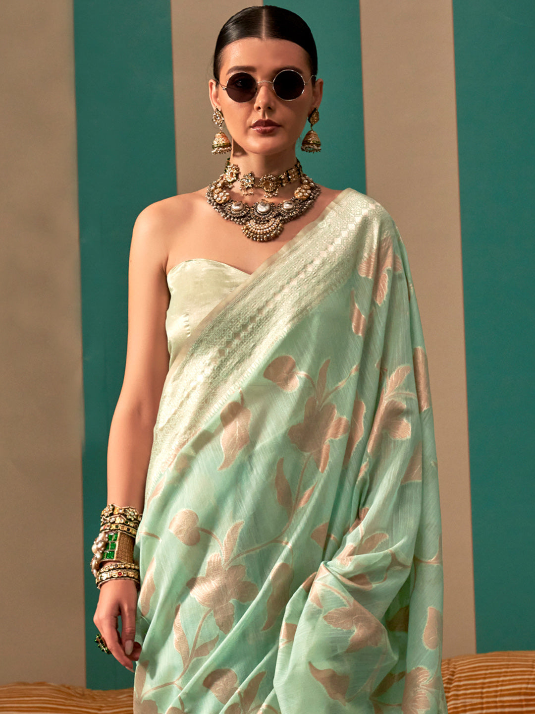 Women's Linen Sea Green Woven Design Designer Saree With Blouse Piece