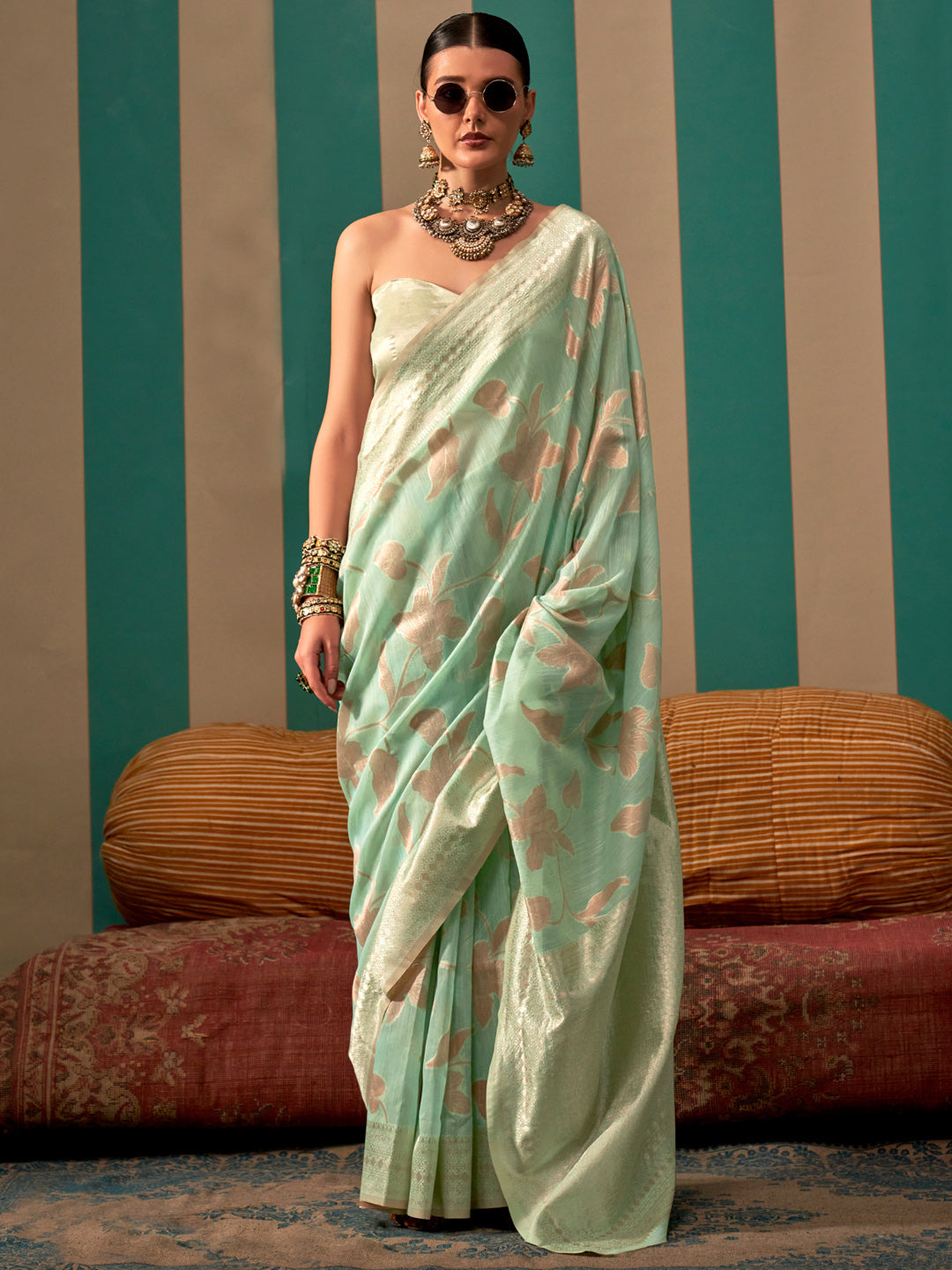 Women's Linen Sea Green Woven Design Designer Saree With Blouse Piece