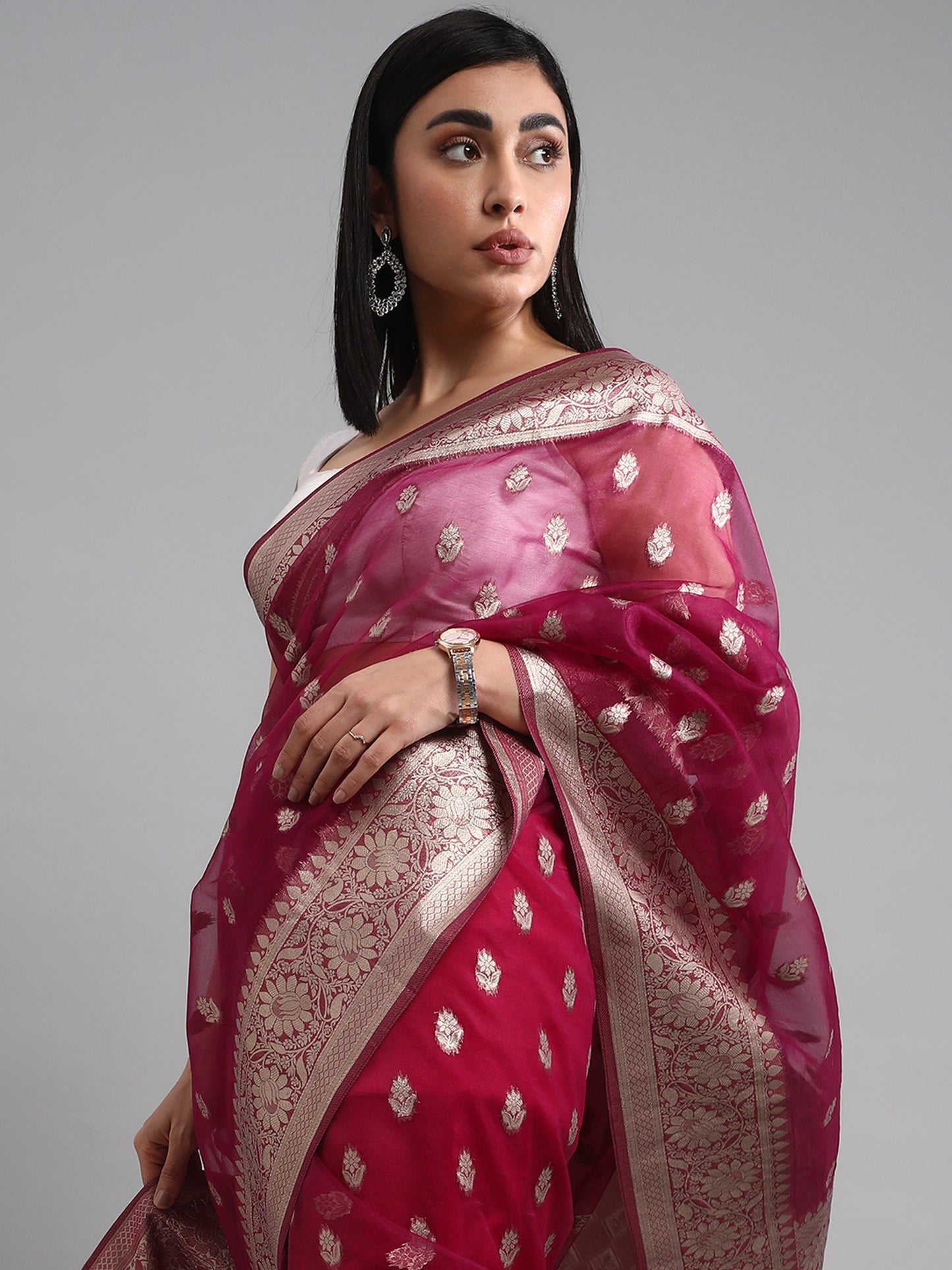 Women's Organza Purple Woven Design Celebrity Saree With Blouse Piece