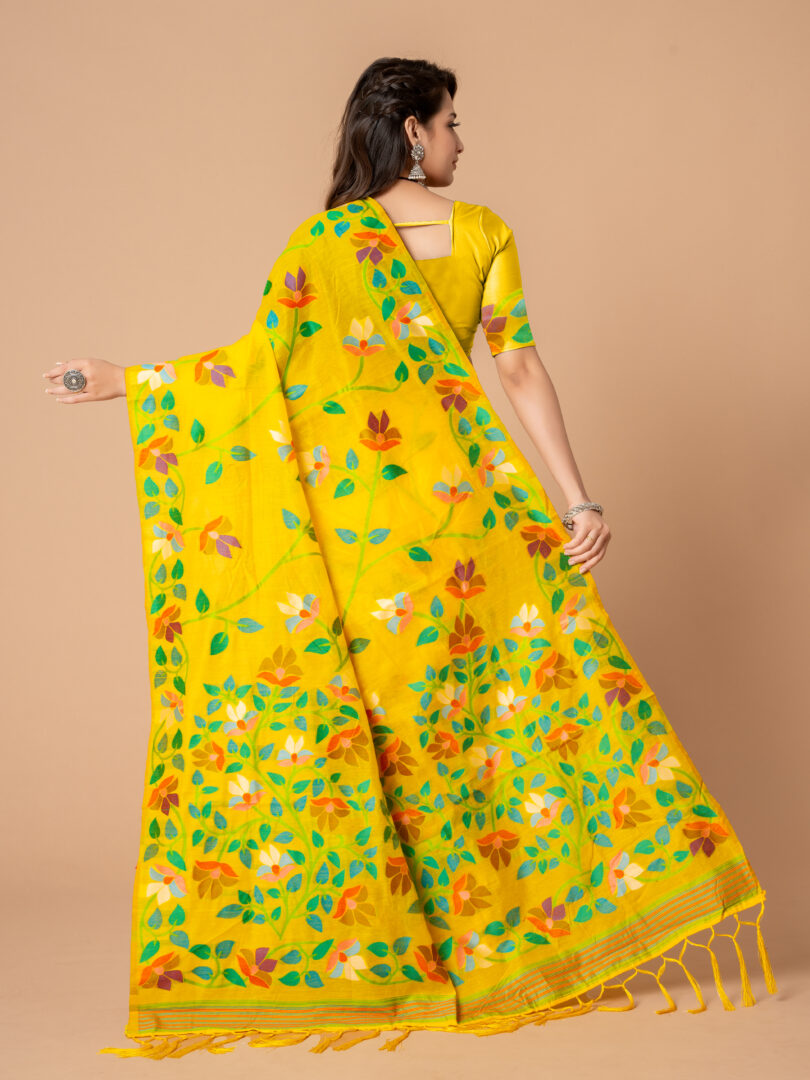 Dhiyona GR Women's Karvaah Blissful Yellow Cotton Jamdani Saree
