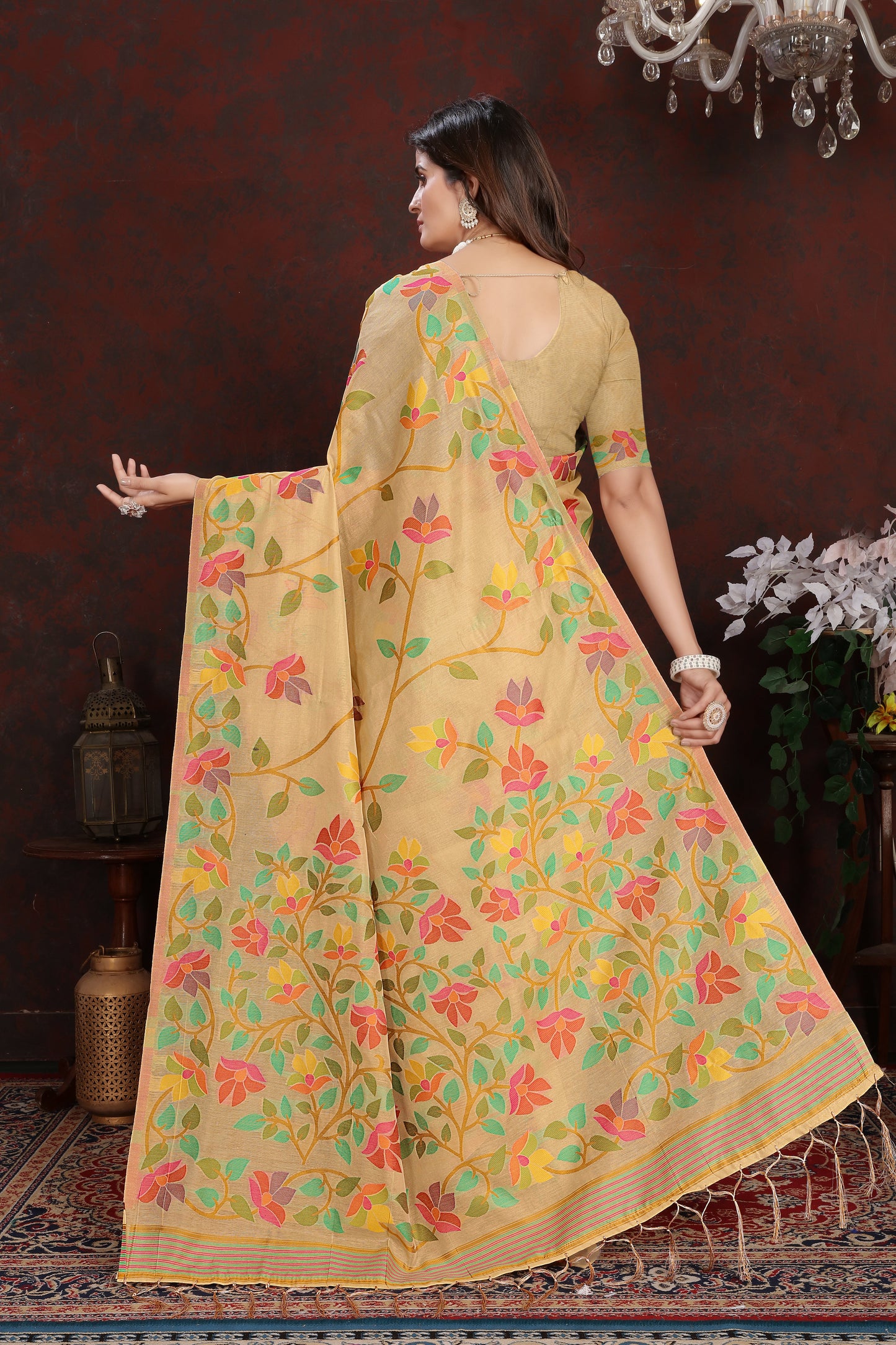 Dhiyona GR Women's Karvaah Beige Cotton Jamdani Saree