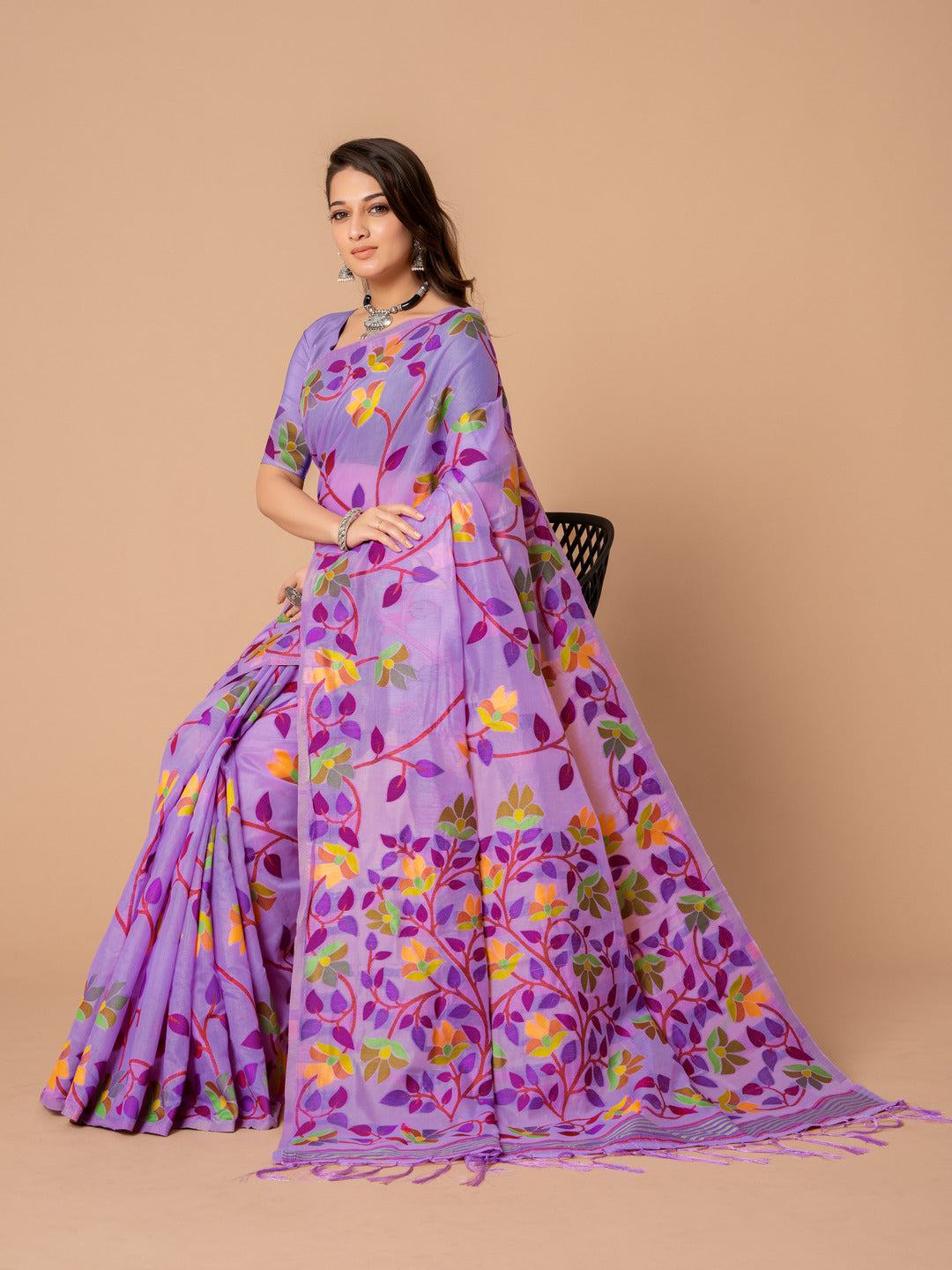 Dhiyona GR Women's Karvaah Iris Purple Cotton Jamdani Saree