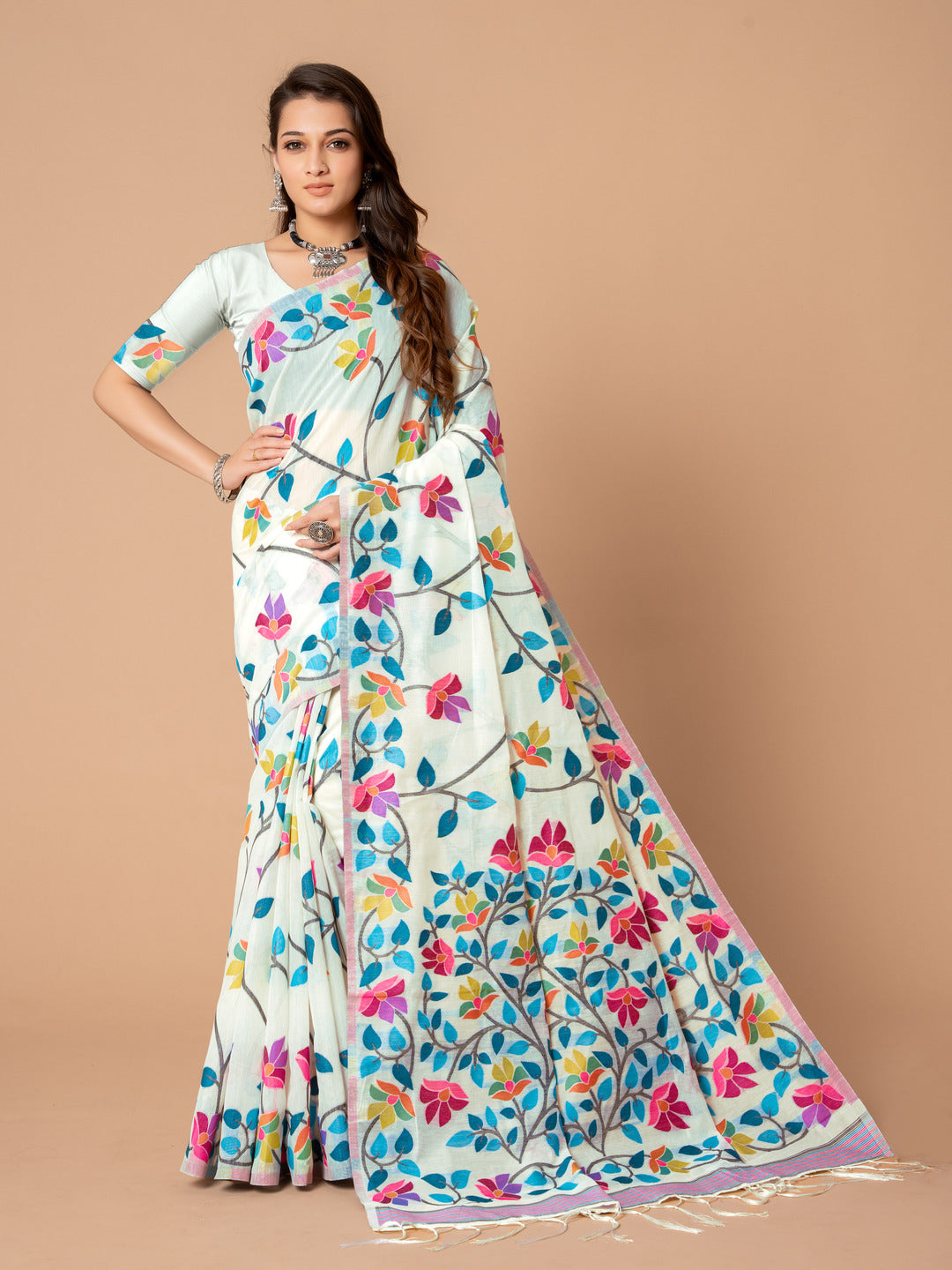 Dhiyona GR Women's Karvaah White Cotton Jamdani Saree