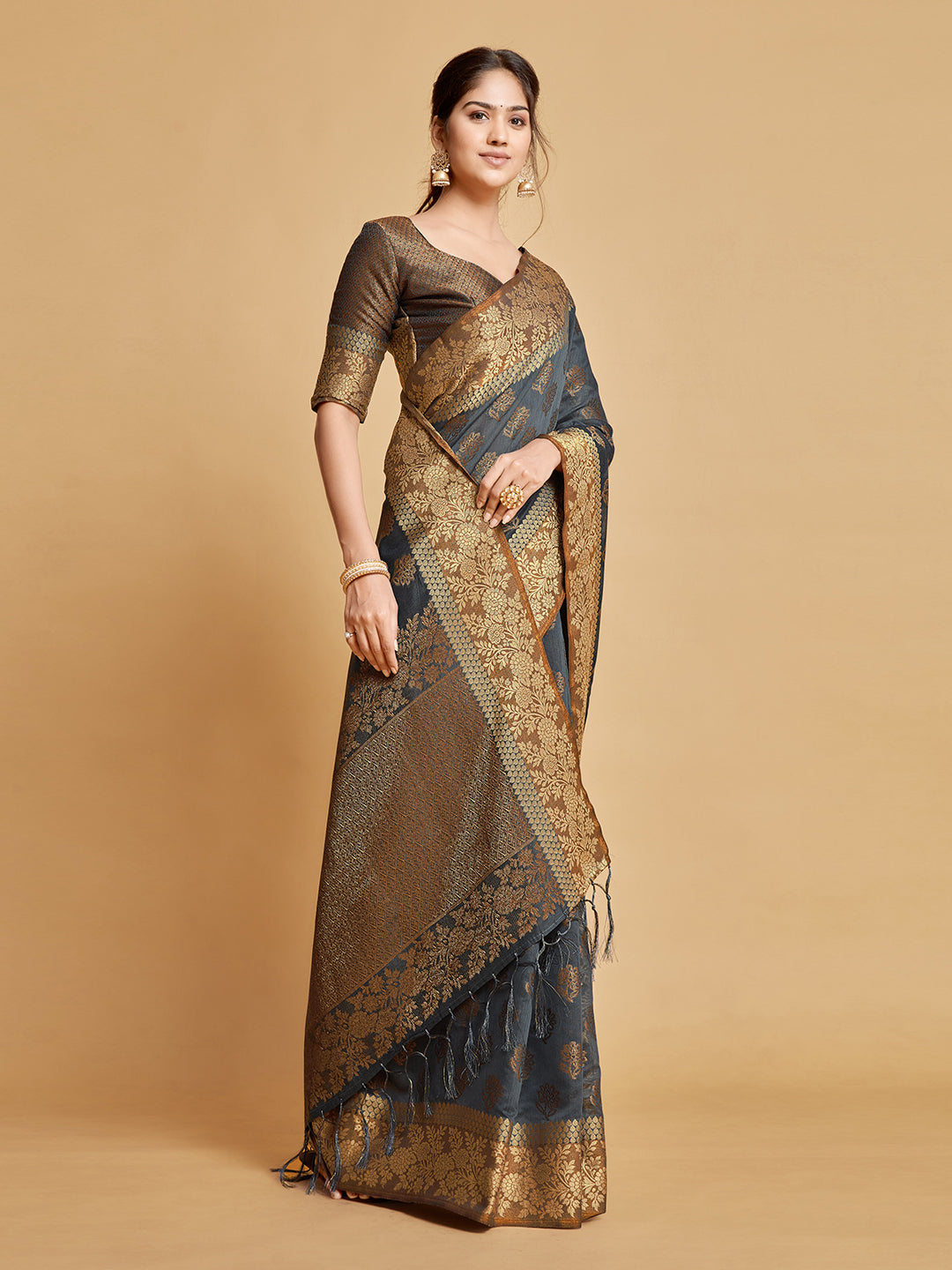 Dhiyona GR Women's Kashvi Mouse Grey Zari Woven Design Chanderi Cotton Saree