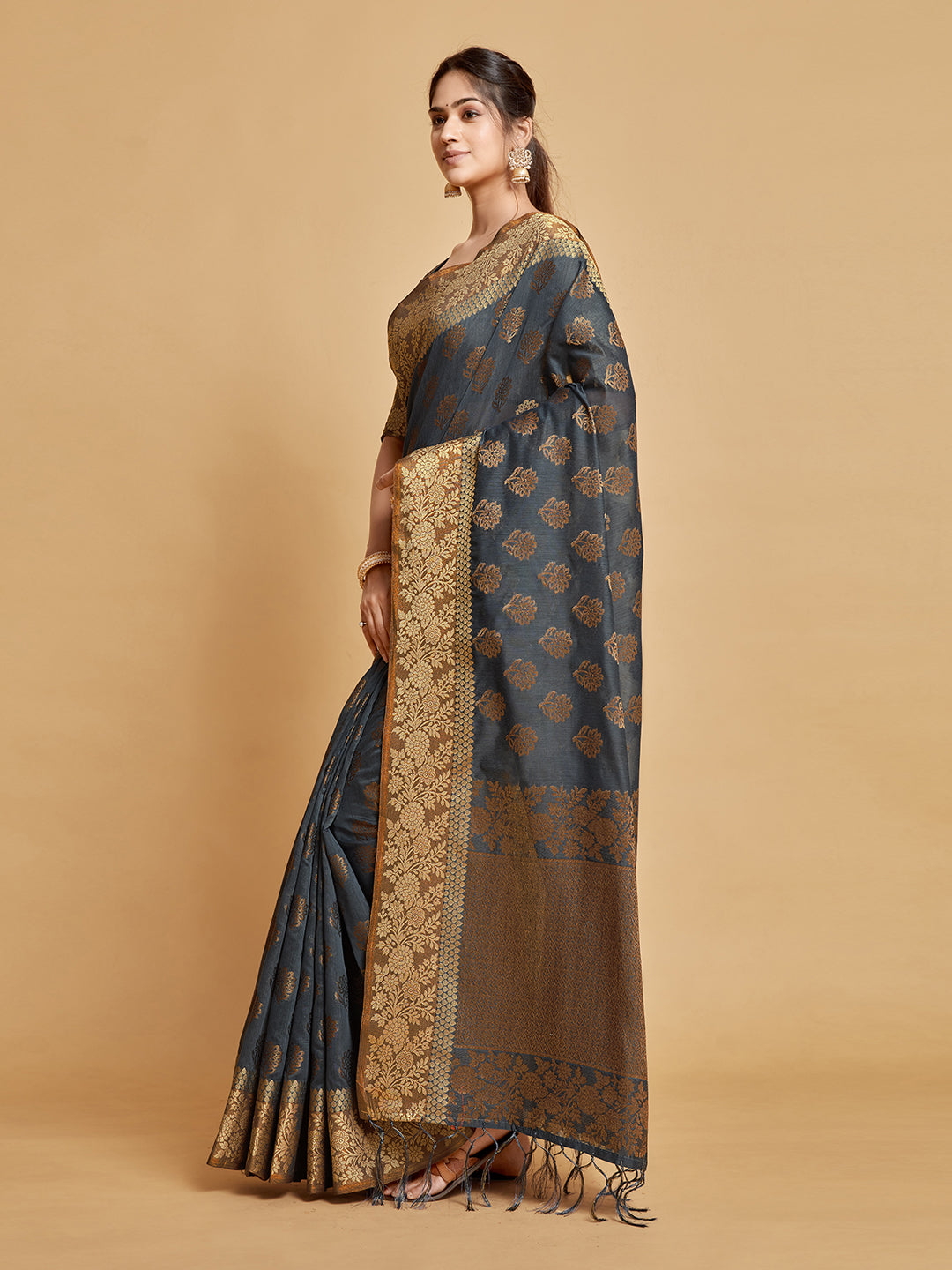 Dhiyona GR Women's Kashvi Mouse Grey Zari Woven Design Chanderi Cotton Saree