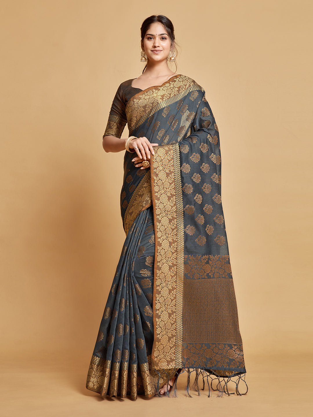 Dhiyona GR Women's Kashvi Mouse Grey Zari Woven Design Chanderi Cotton Saree