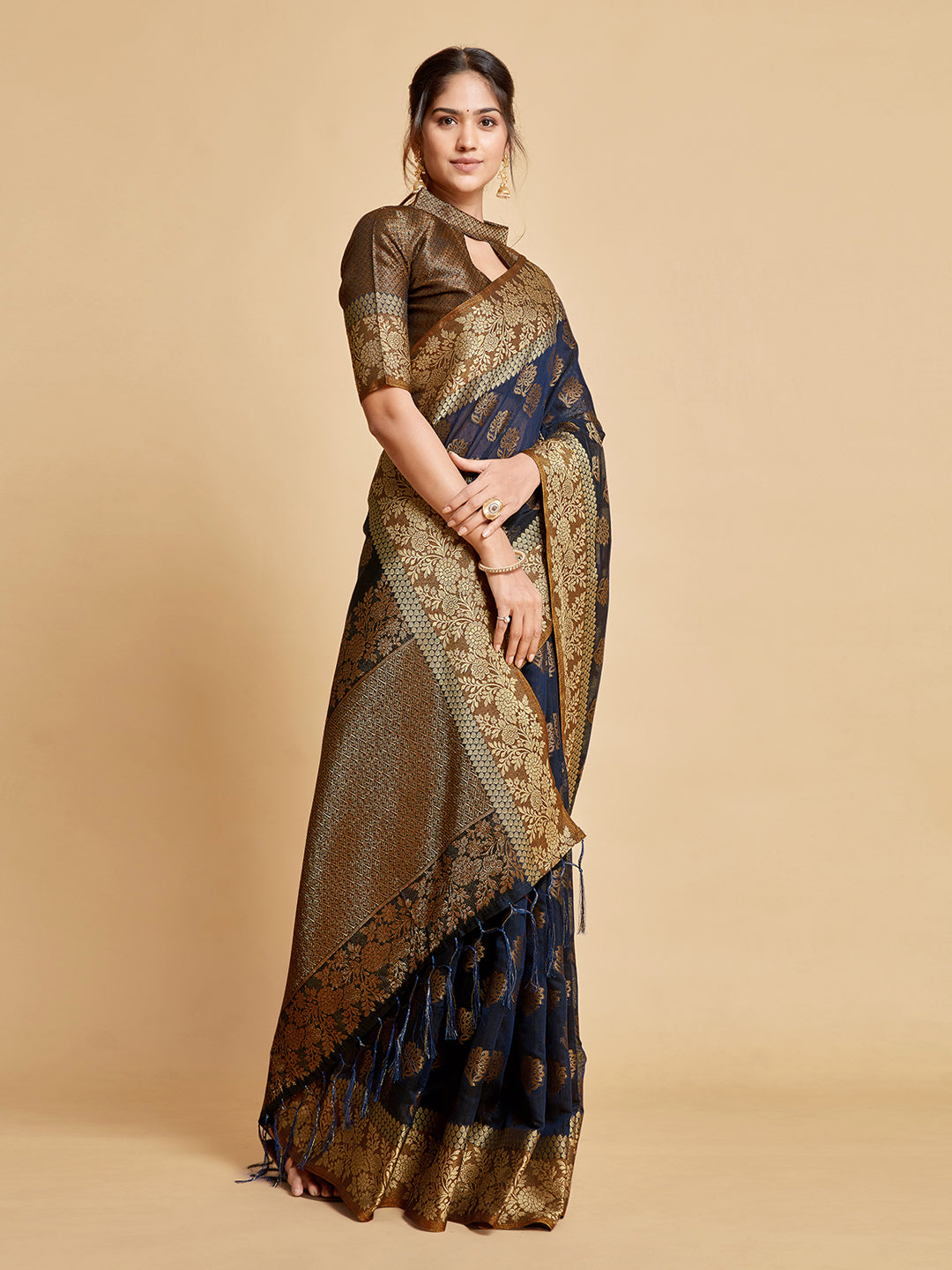 Dhiyona GR Women's Kashvi Berry Blue Zari Woven Design Chanderi Cotton Saree