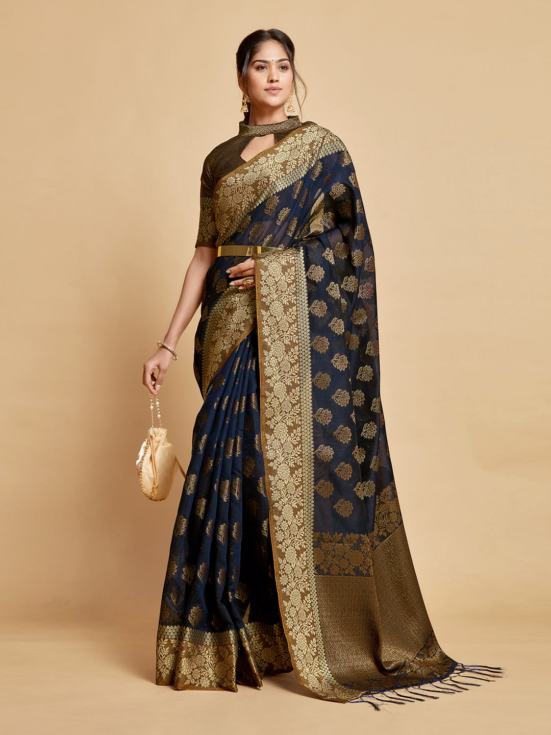 Dhiyona GR Women's Kashvi Berry Blue Zari Woven Design Chanderi Cotton Saree