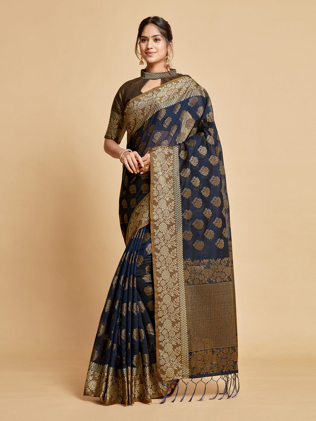 Dhiyona GR Women's Kashvi Berry Blue Zari Woven Design Chanderi Cotton Saree