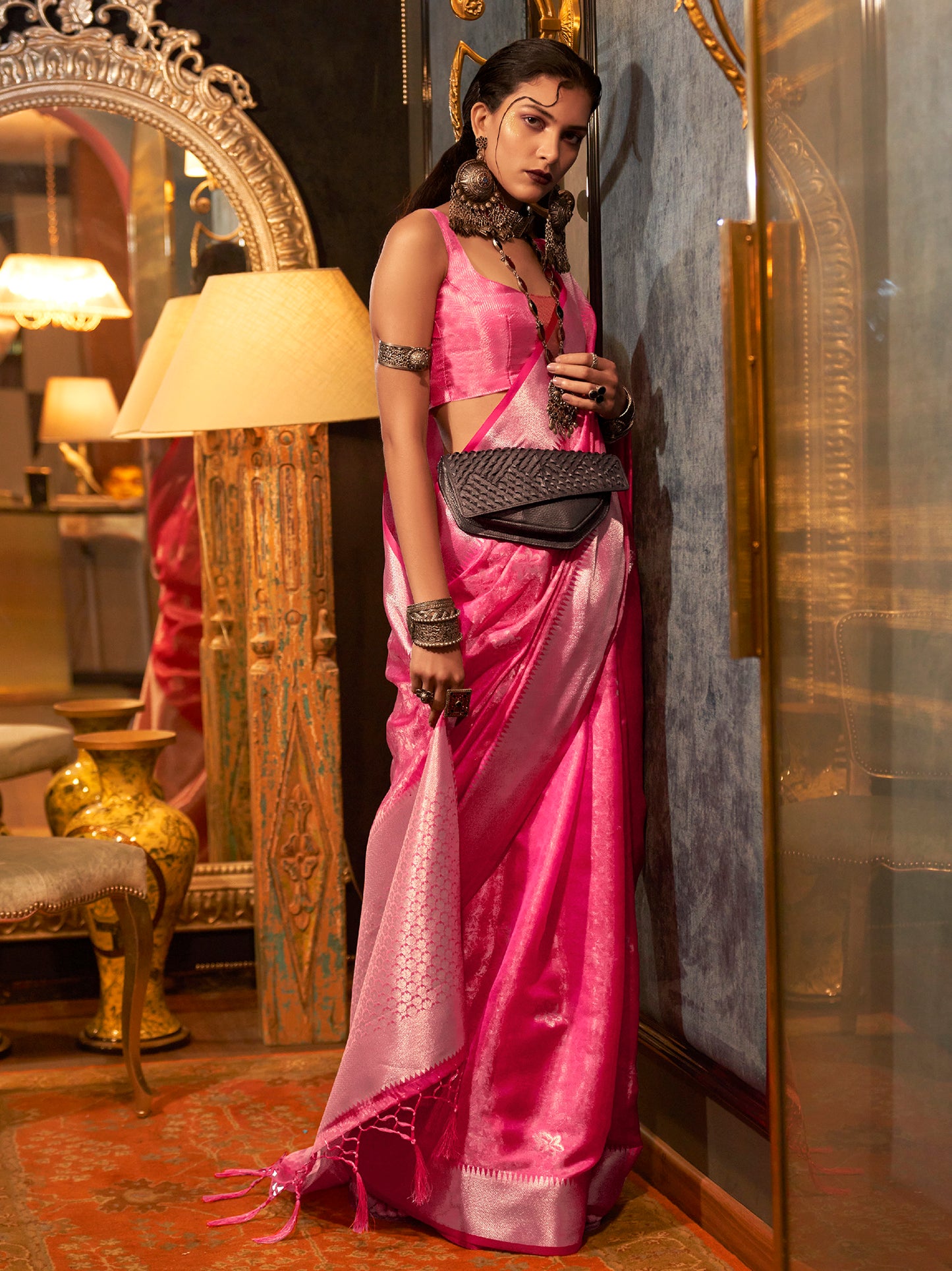 Women's Organza Pink Woven Design Designer Saree With Blouse Piece