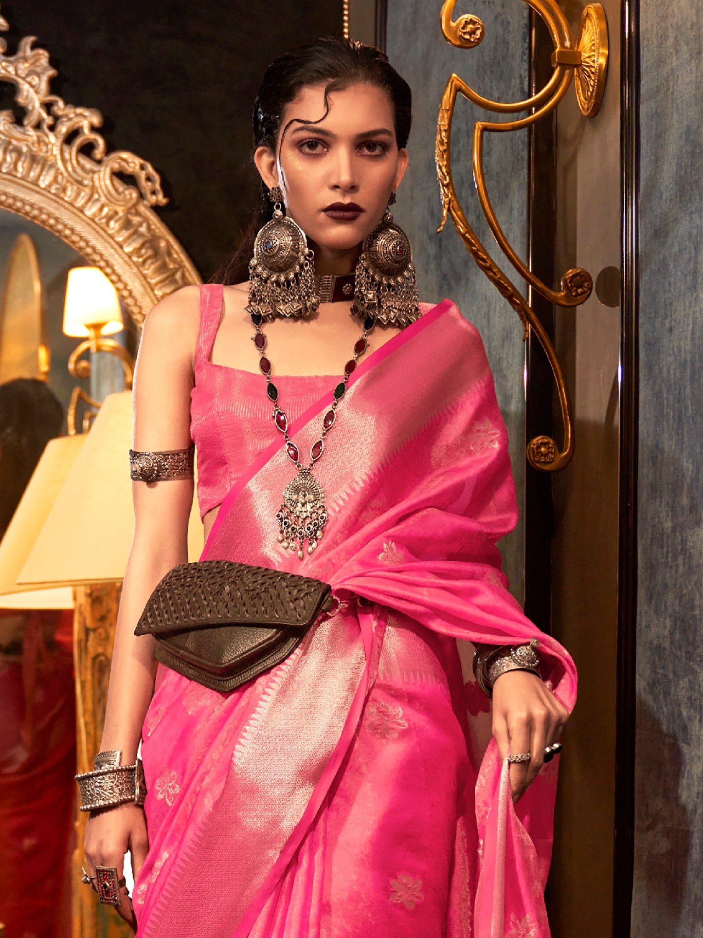 Women's Organza Pink Woven Design Designer Saree With Blouse Piece