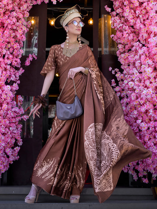 Women's Crepe Brown Printed Designer Saree With Blouse Piece