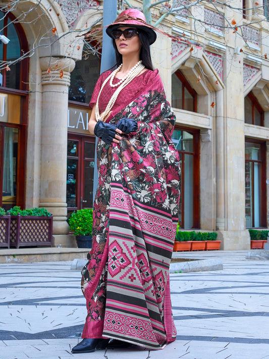 Women's Crepe Pink Printed Designer Saree With Blouse Piece