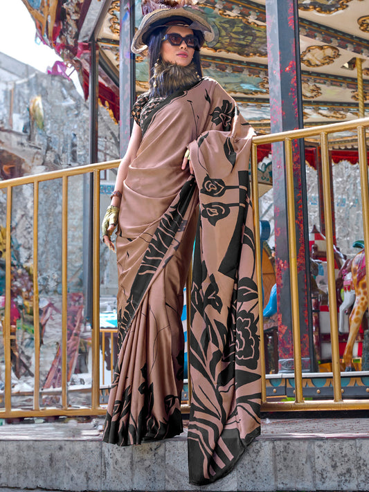 Women's Crepe Brown Printed Designer Saree With Blouse Piece