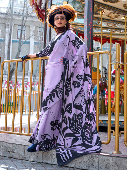 Women's Crepe Lavendar Printed Designer Saree With Blouse Piece