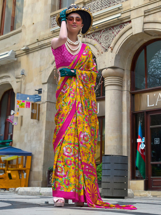 Women's Crepe Pink Printed Designer Saree With Blouse Piece