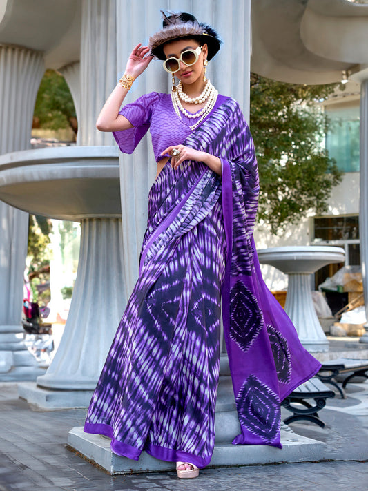 Women's Crepe Purple Printed Designer Saree With Blouse Piece