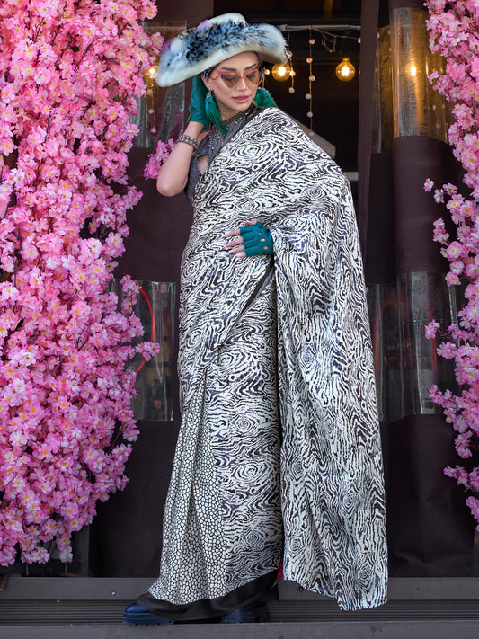 Women's Crepe Grey Printed Designer Saree With Blouse Piece