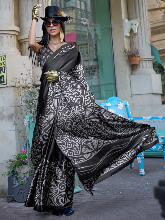 Women's Crepe Black Printed Designer Saree With Blouse Piece