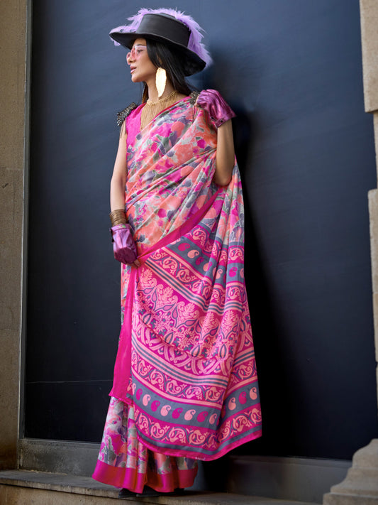 Women's Crepe Pink Printed Designer Saree With Blouse Piece
