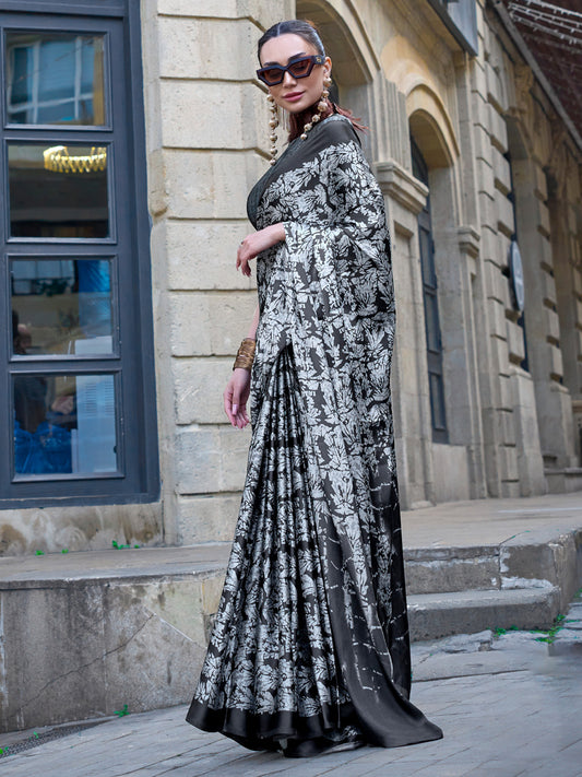 Women's Crepe Black Printed Designer Saree With Blouse Piece