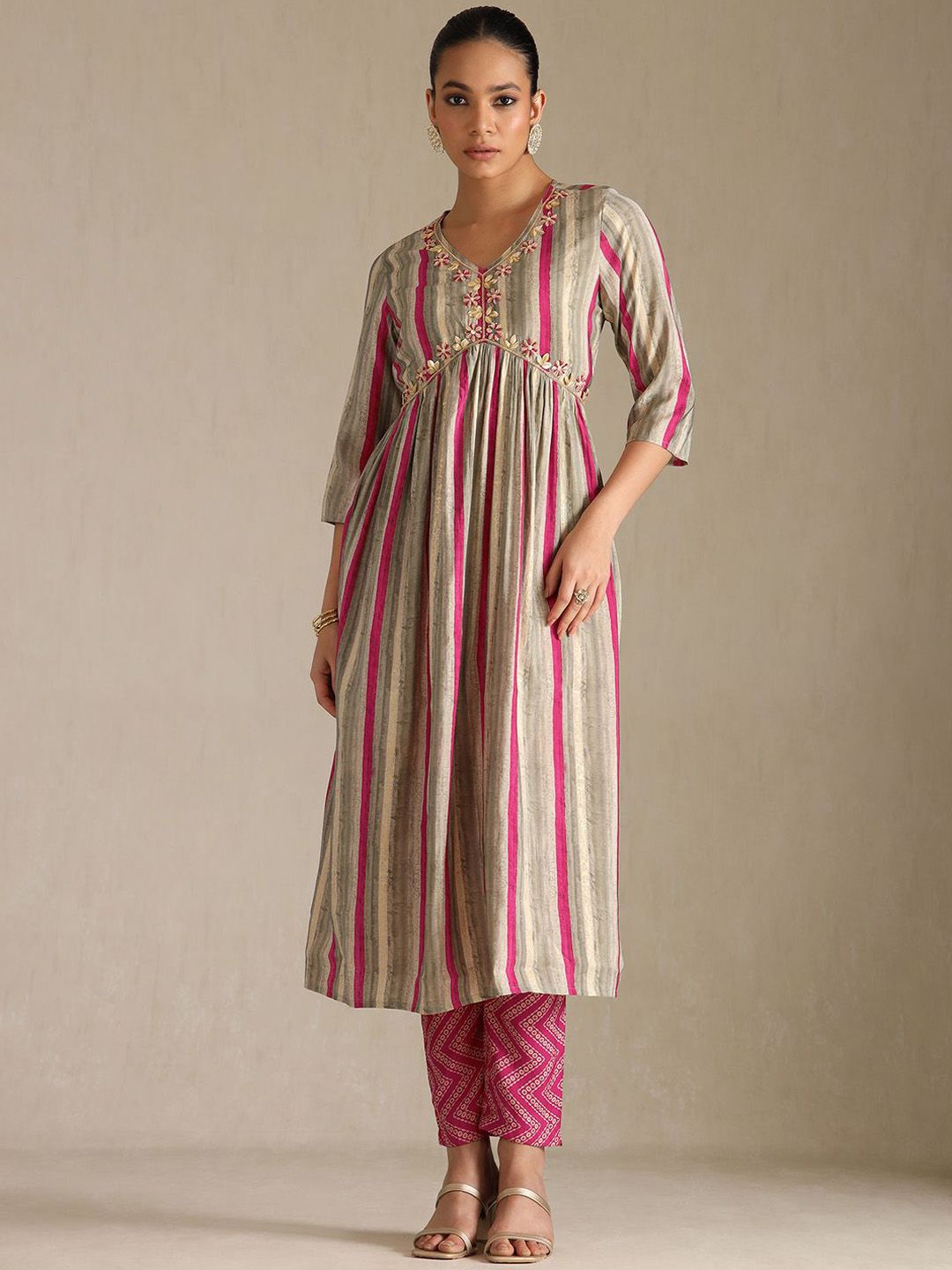Dhiyona SO Women's Striped V-Neck Beads & Stones Empire Anarkali Kurta With Trousers & Dupatta