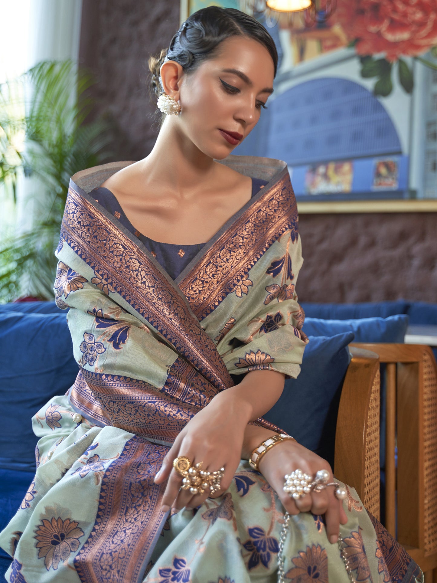 Women's Organza Turquoise Woven Design Designer Saree With Blouse Piece