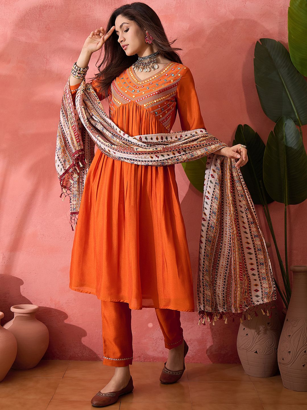 Dhiyona SN Women's Orange Mirror Work V-Neck Empire A-Line Kurta With Trousers And Dupatta