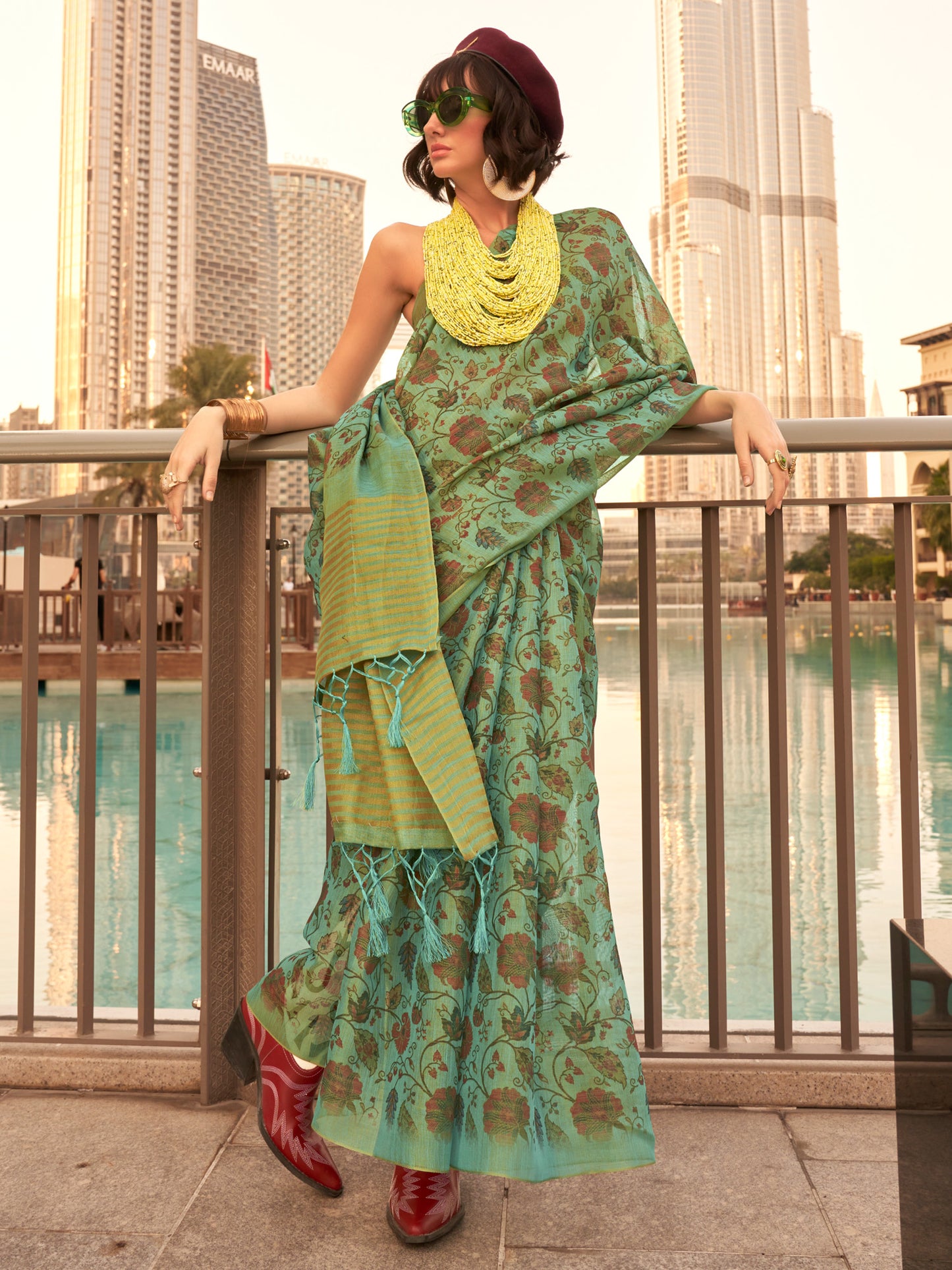 Women's Tissue Sea Green Printed Designer Saree With Blouse Piece