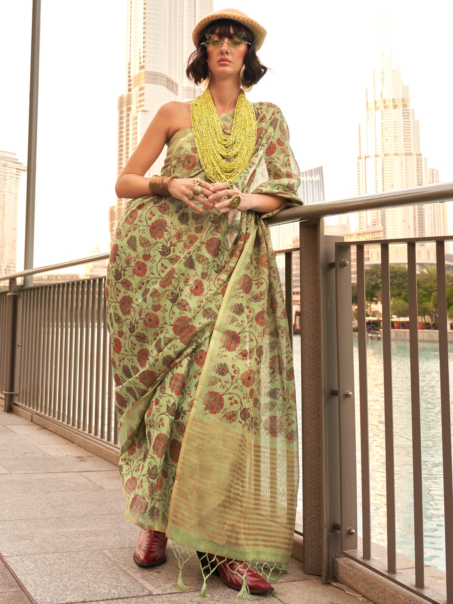 Women's Tissue Light Green Printed Designer Saree With Blouse Piece