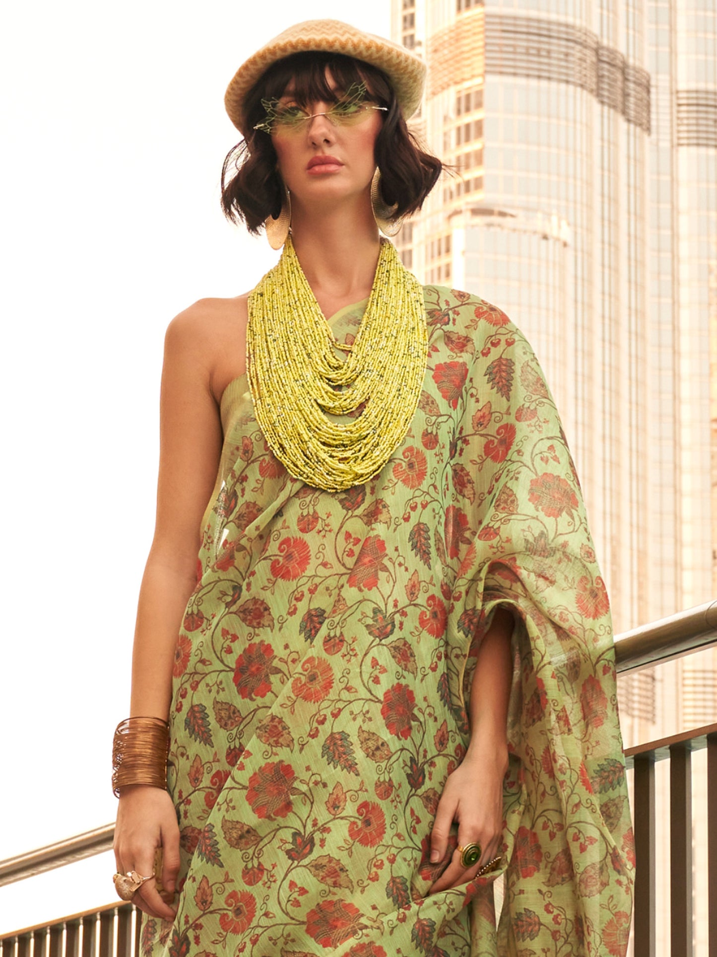 Women's Tissue Light Green Printed Designer Saree With Blouse Piece