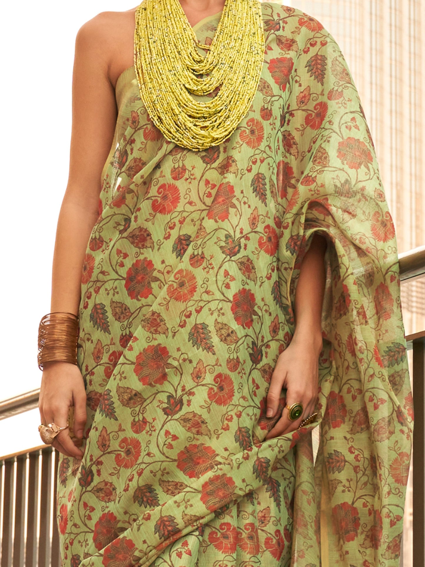 Women's Tissue Light Green Printed Designer Saree With Blouse Piece