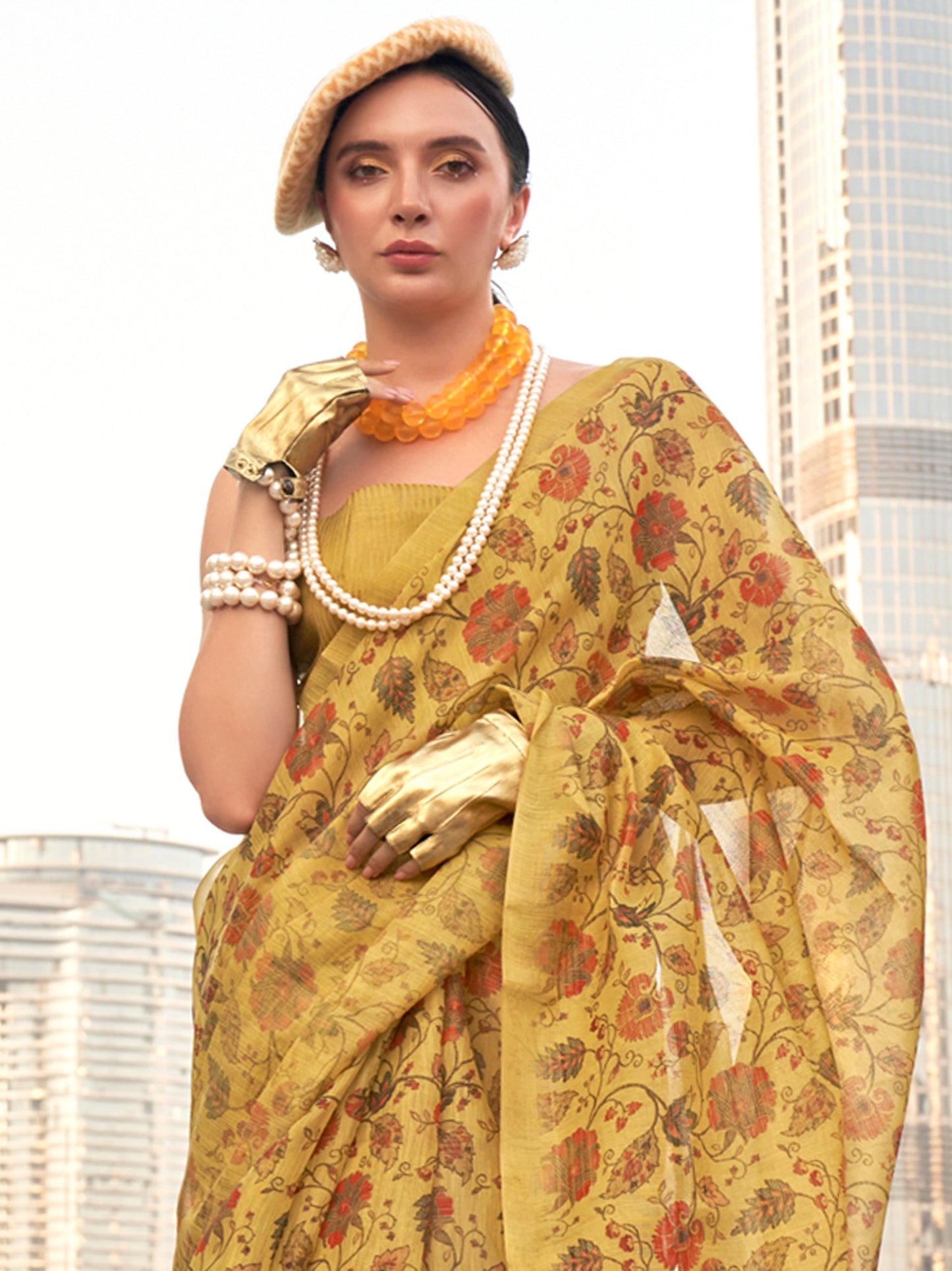 Women's Tissue Mustard Printed Designer Saree With Blouse Piece