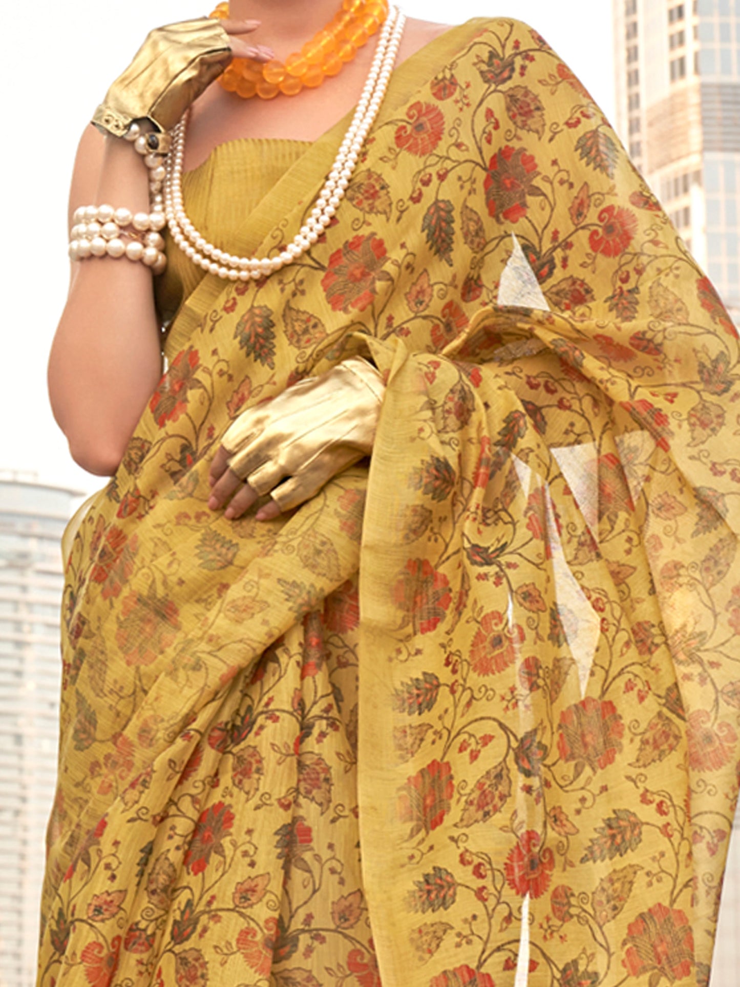 Women's Tissue Mustard Printed Designer Saree With Blouse Piece