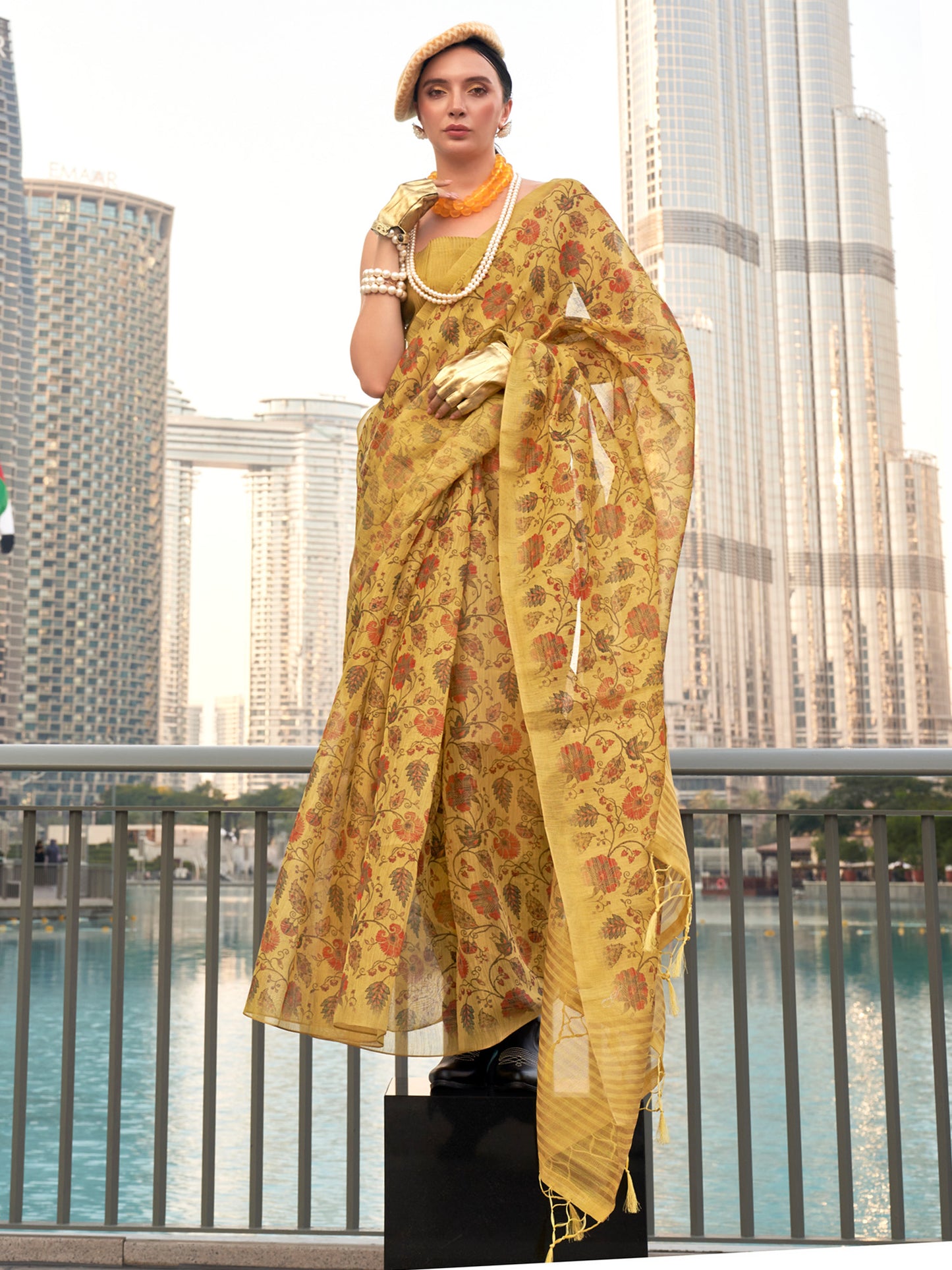 Women's Tissue Mustard Printed Designer Saree With Blouse Piece