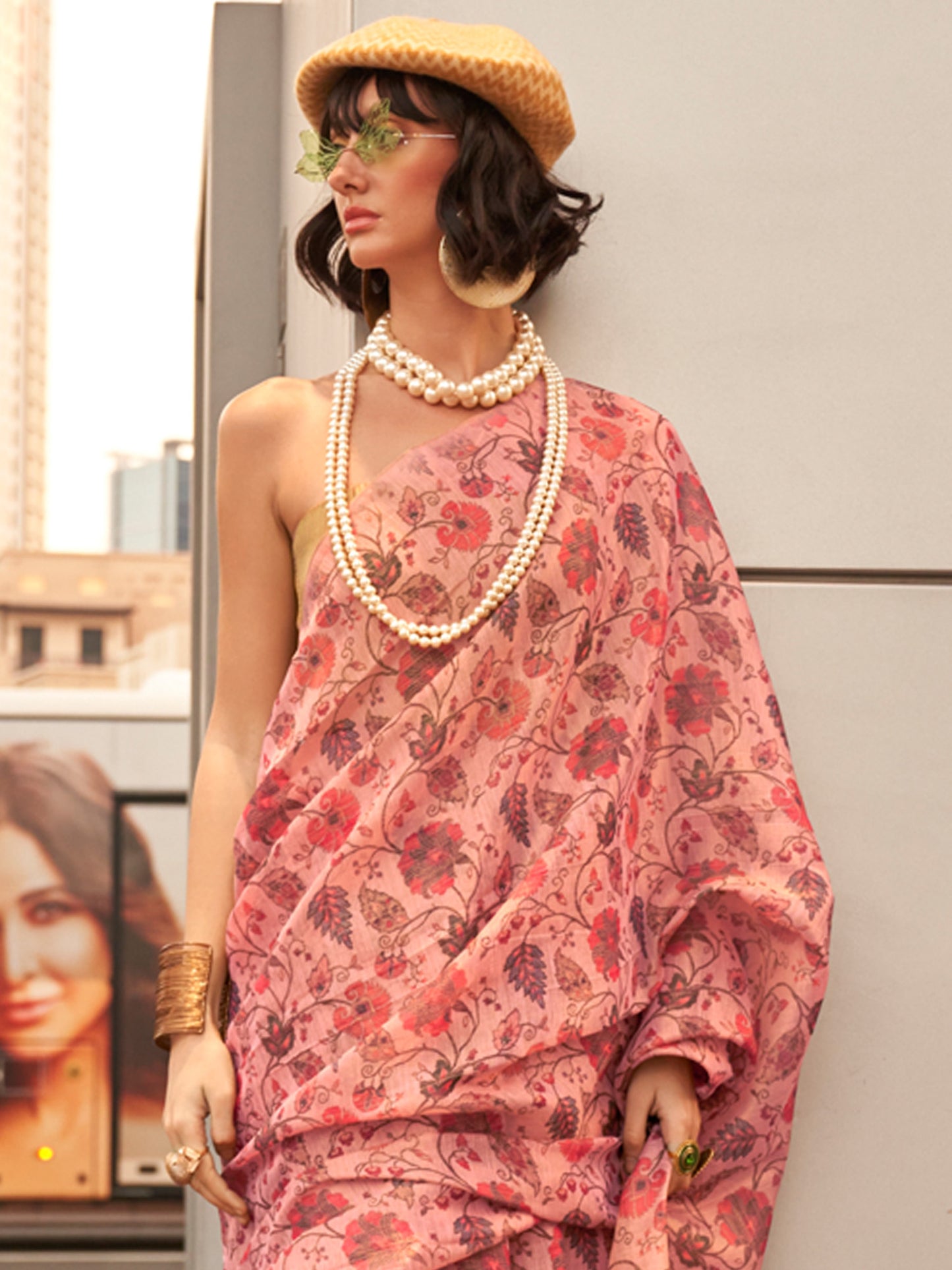 Women's Tissue Pink Printed Designer Saree With Blouse Piece