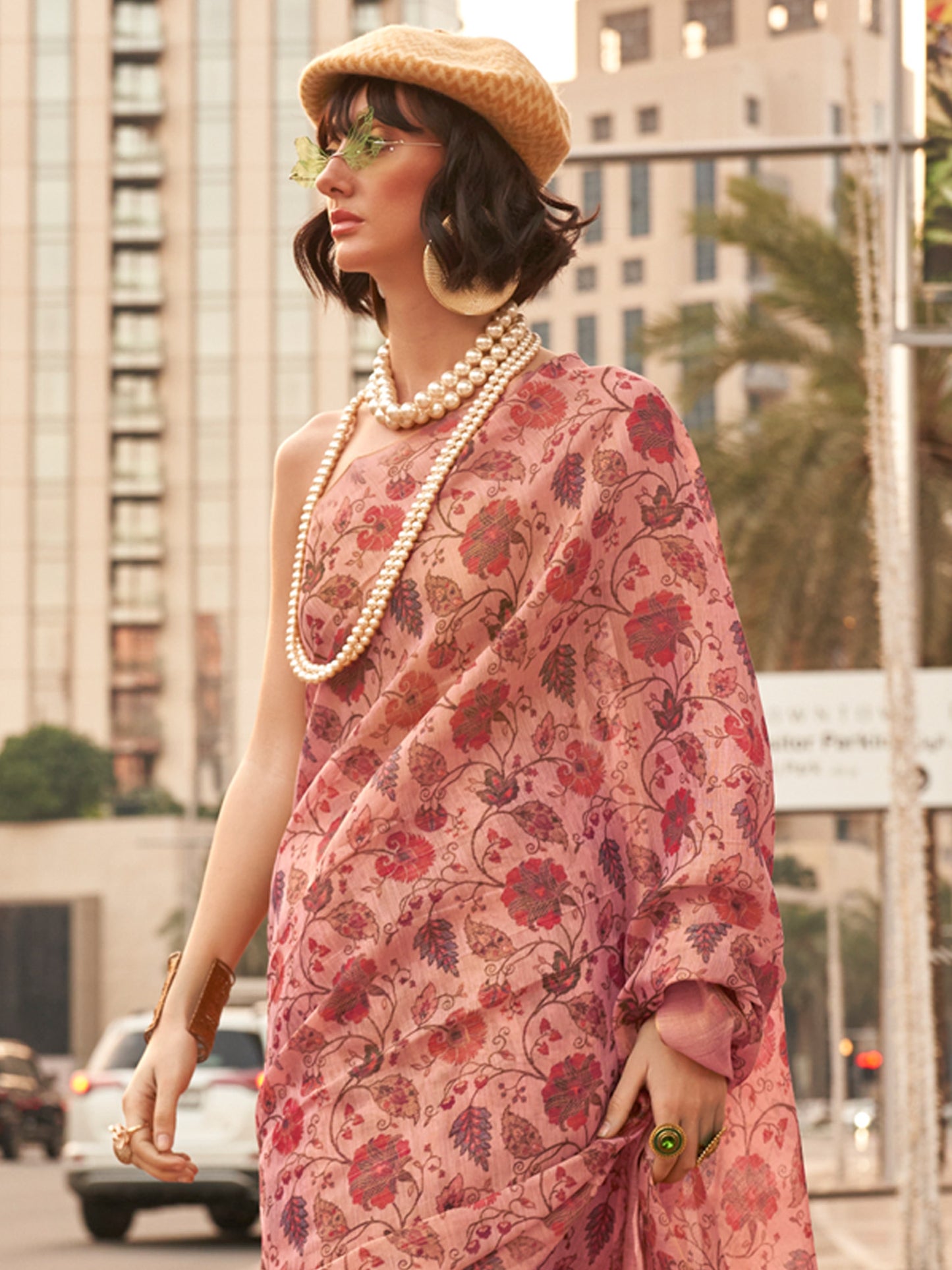 Women's Tissue Pink Printed Designer Saree With Blouse Piece