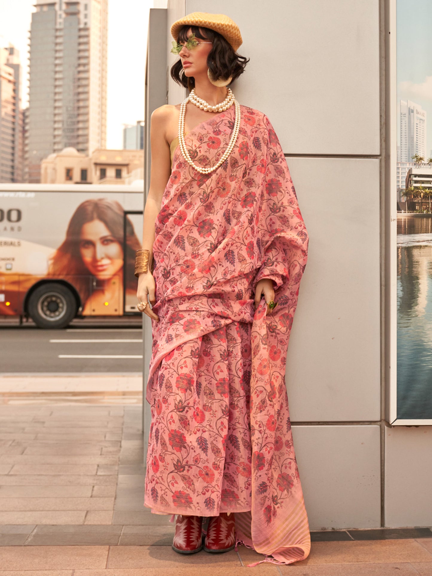 Women's Tissue Pink Printed Designer Saree With Blouse Piece