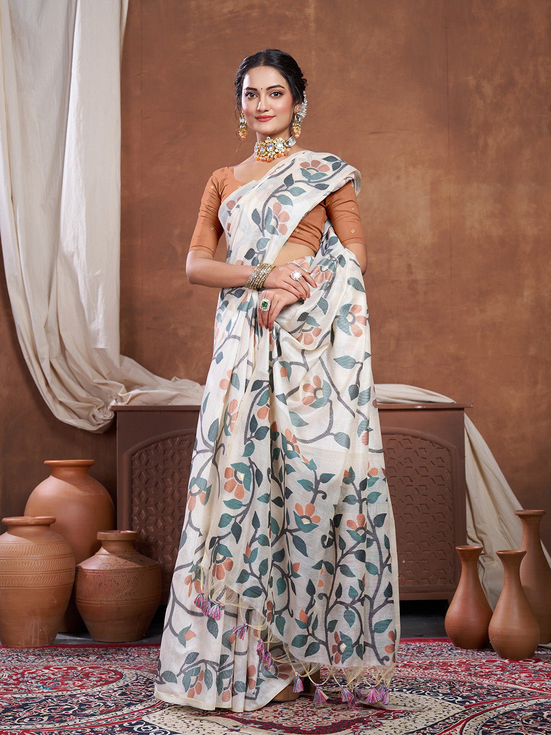 Dhiyona GR Women's Keeyah White & Dark Green Muslin Cotton Jamdani Saree