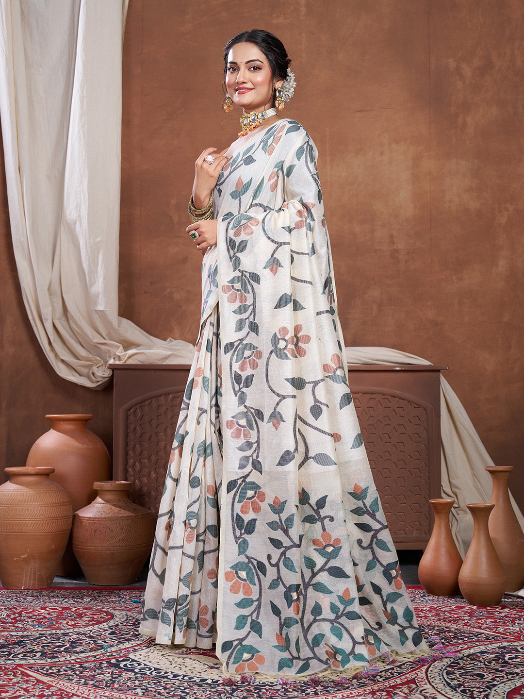 Dhiyona GR Women's Keeyah White & Dark Green Muslin Cotton Jamdani Saree