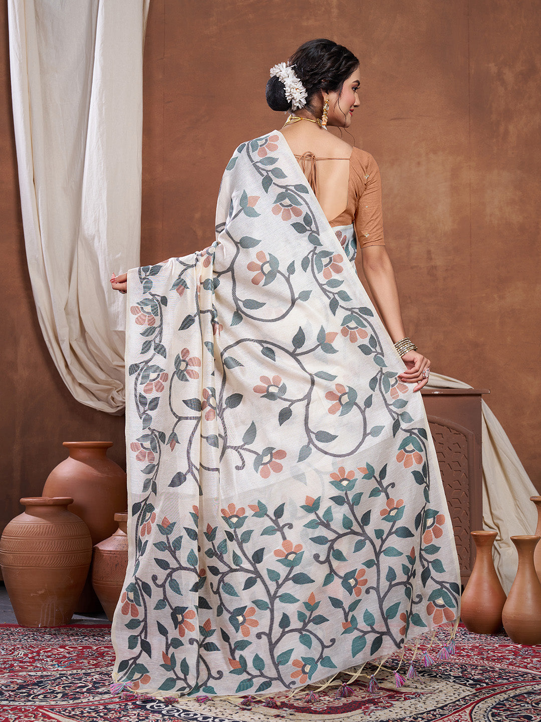 Dhiyona GR Women's Keeyah White & Dark Green Muslin Cotton Jamdani Saree