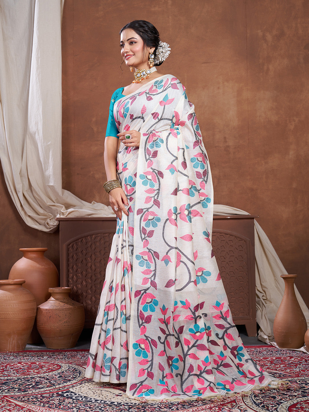 Dhiyona GR Women's Keeyah White & Pink Muslin Cotton Jamdani Saree