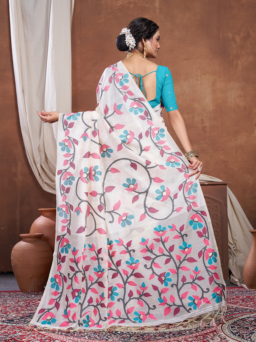 Dhiyona GR Women's Keeyah White & Pink Muslin Cotton Jamdani Saree