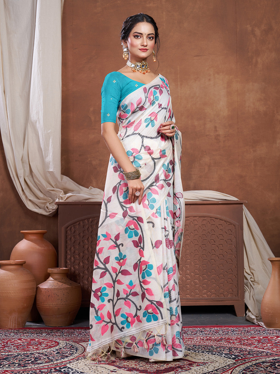 Dhiyona GR Women's Keeyah White & Pink Muslin Cotton Jamdani Saree