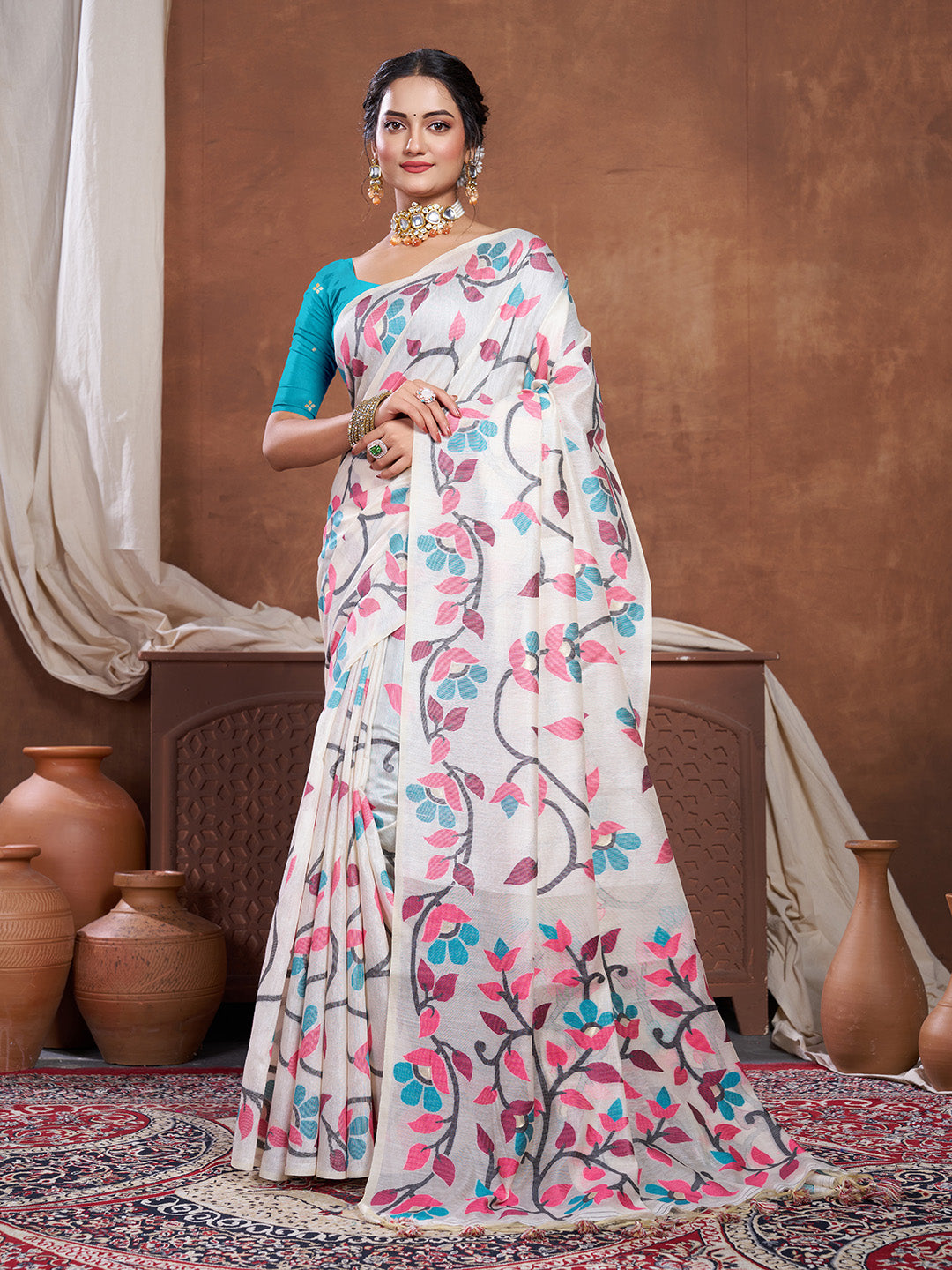 Dhiyona GR Women's Keeyah White & Pink Muslin Cotton Jamdani Saree