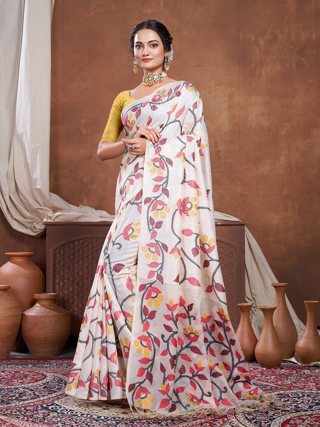 Dhiyona GR Women's Keeyah White & Red Muslin Cotton Jamdani Saree