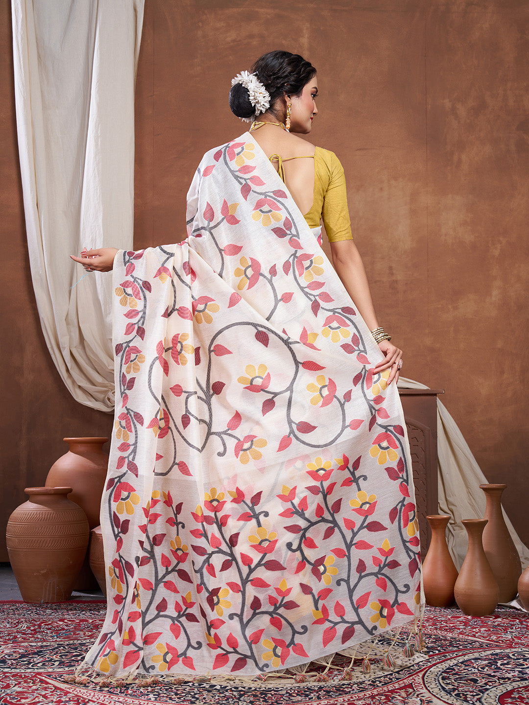 Dhiyona GR Women's Keeyah White & Red Muslin Cotton Jamdani Saree